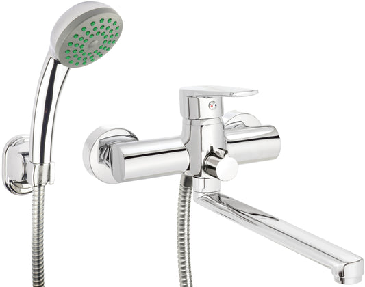 Washbasin-bathtub tap, wall-mounted, with shower set