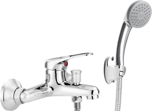 Bath mixer, wall-mounted, with shower set
