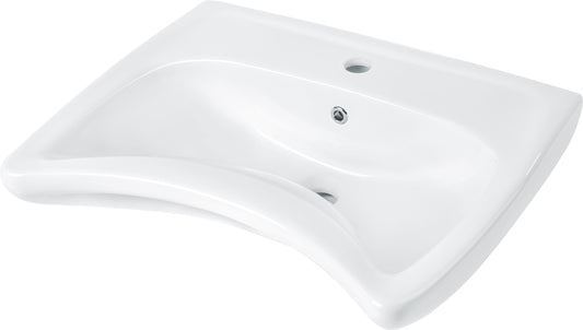 Ceramic washbasin, wall-mounted, with tap shelf - for people with reduced mobility