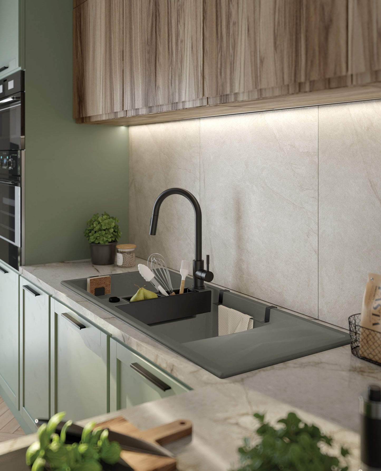 Magnetic granite sink, 2-bowl with drainer