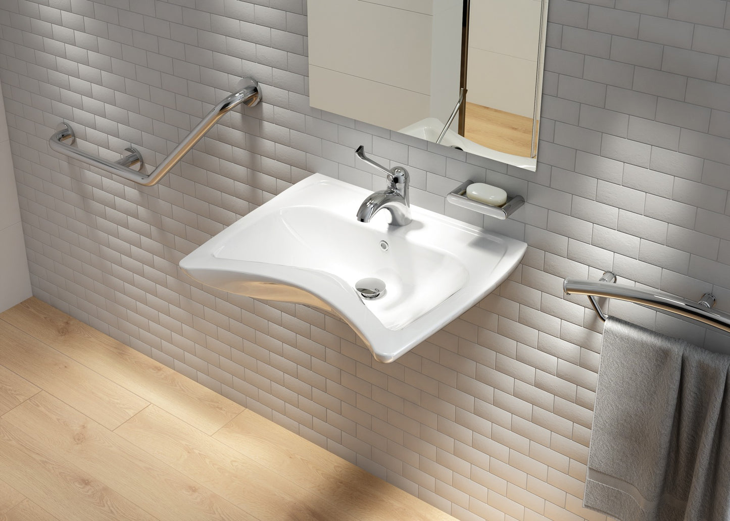 Ceramic washbasin, wall-mounted, with tap shelf - for people with reduced mobility