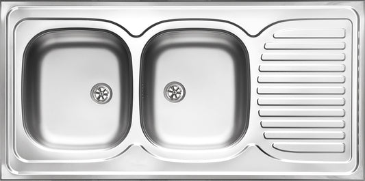Steel sink, 2-bowl with drainer - lay-on