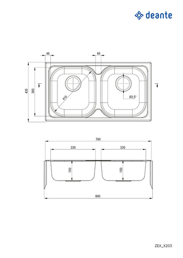 Steel sink, 2-bowl