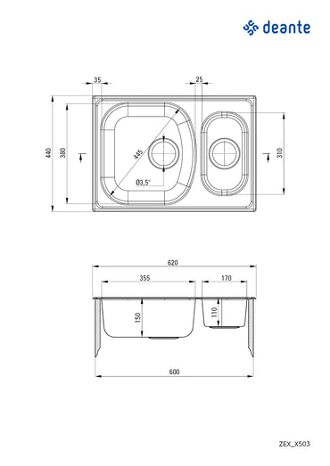 Steel sink, 1.5-bowl