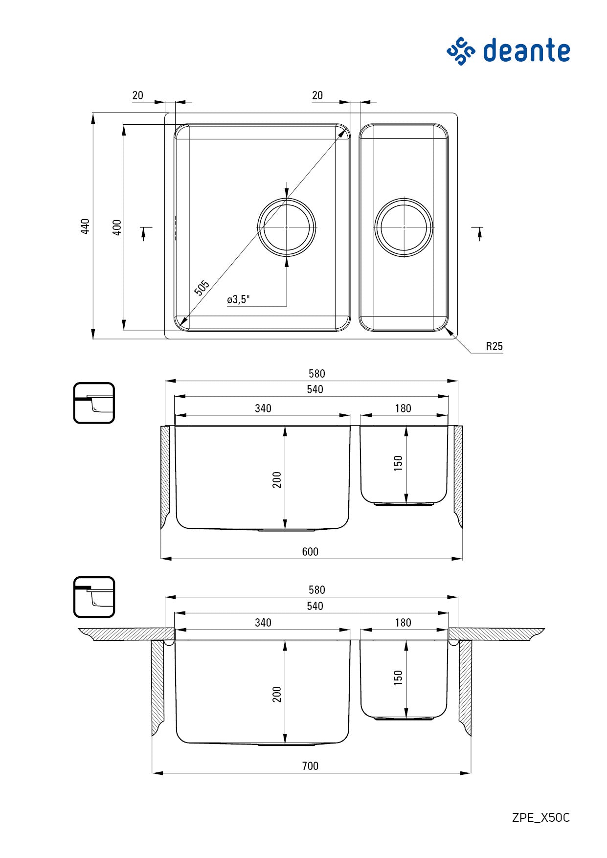 Steel sink, 1.5-bowl, undermount