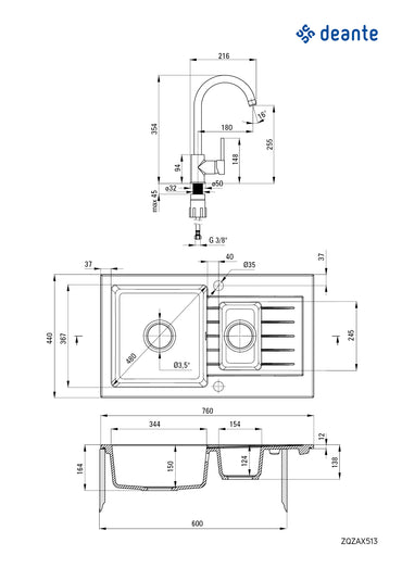 Granite sink with tap, 1.5-bowl with drainer