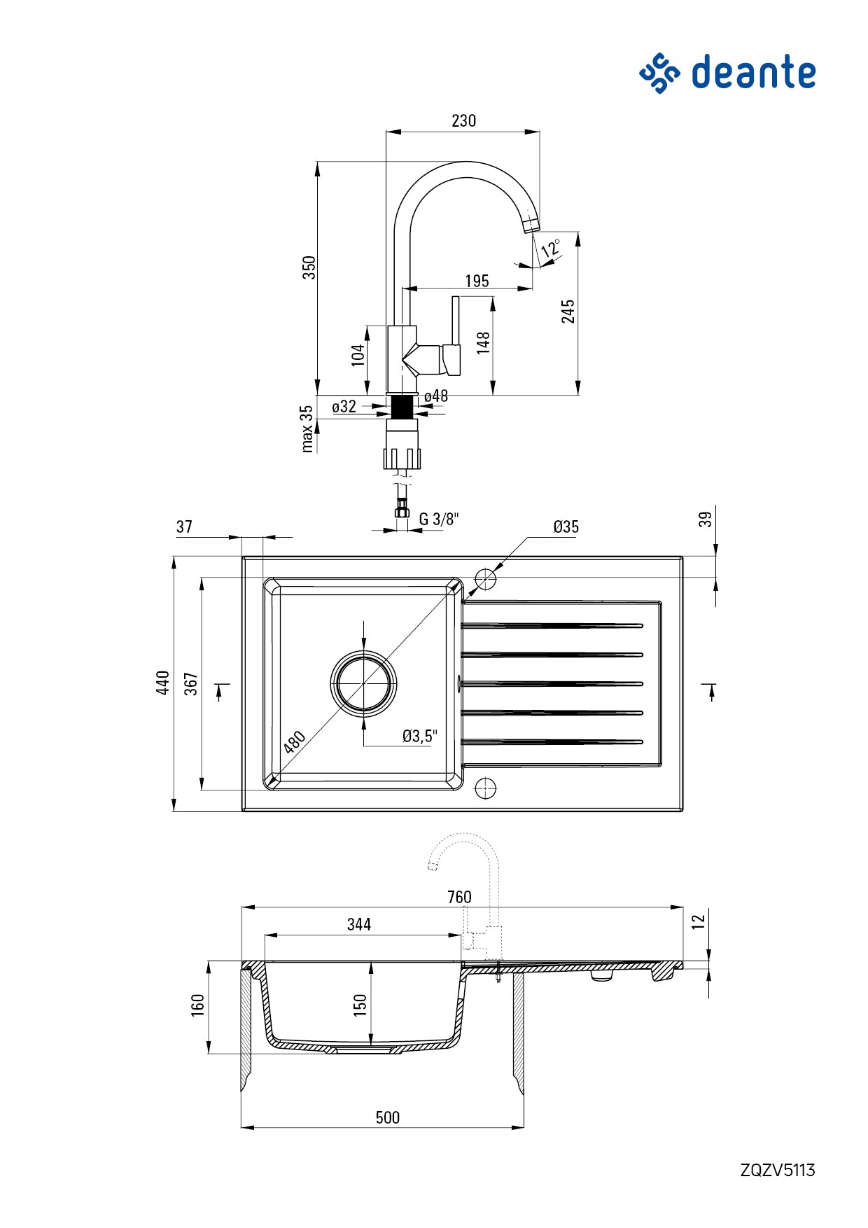 Granite sink with tap, 1-bowl with drainer