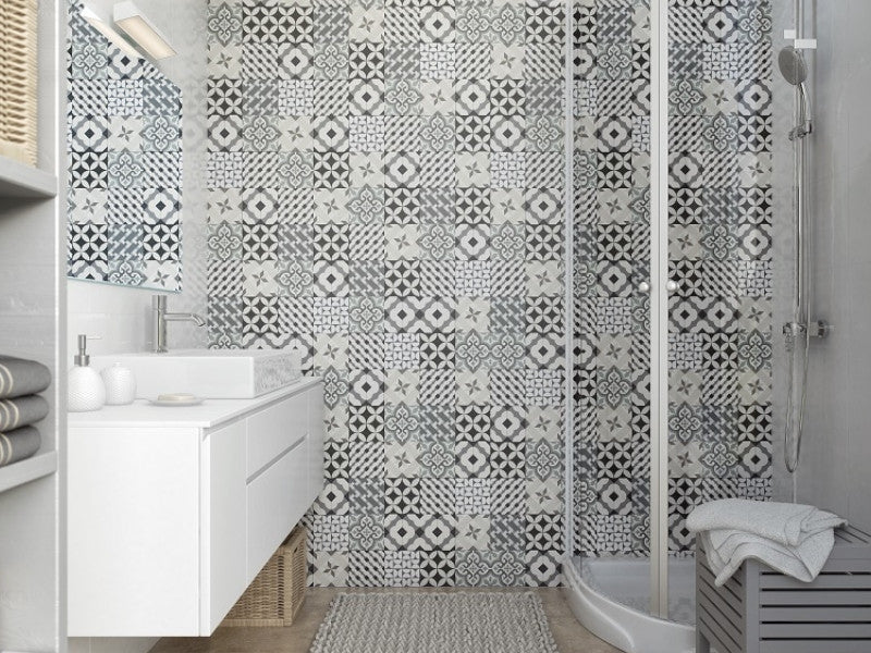 Patchwork PVC tongue and groove cladding panels for bathrooms, showers and wet rooms