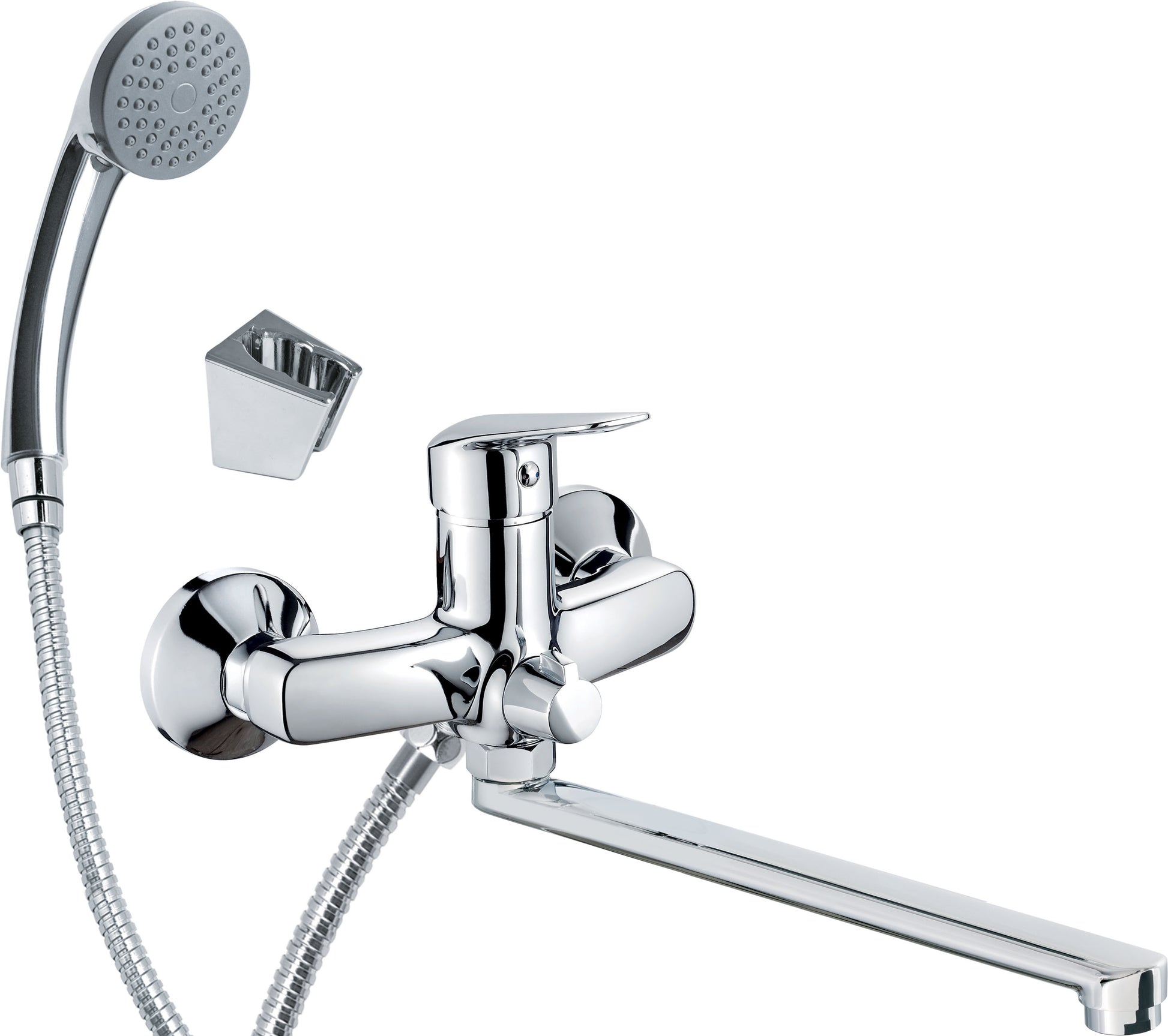 Washbasin tap, wall-mounted, with elongated spout - connection for hose and shower set