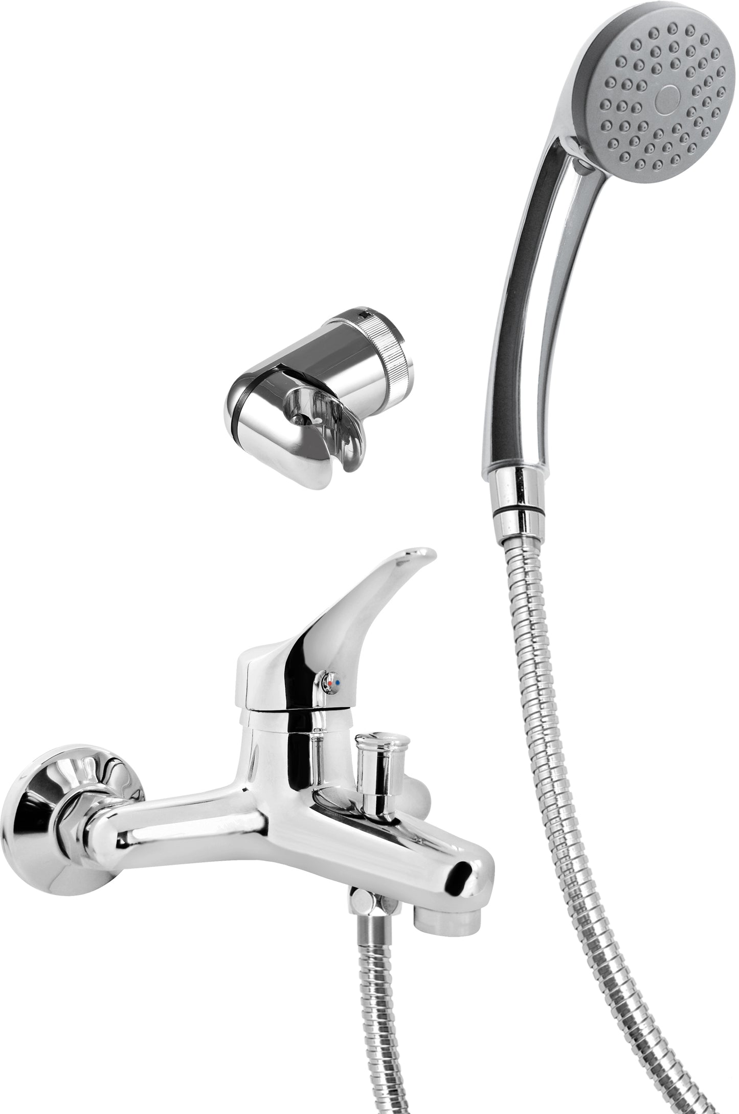 Bath mixer, wall-mounted, with shower set
