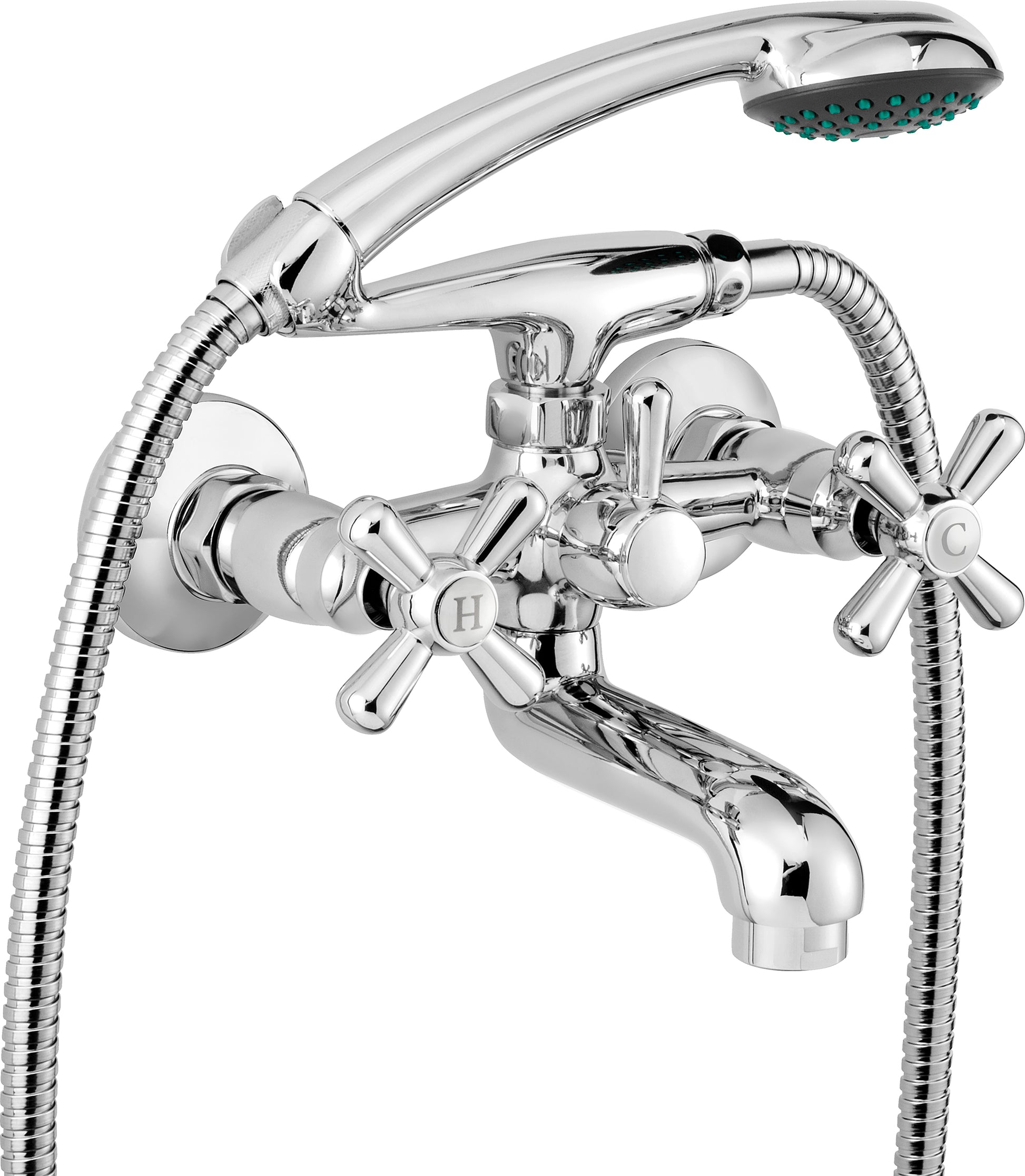 Bath mixer, wall-mounted, with shower set