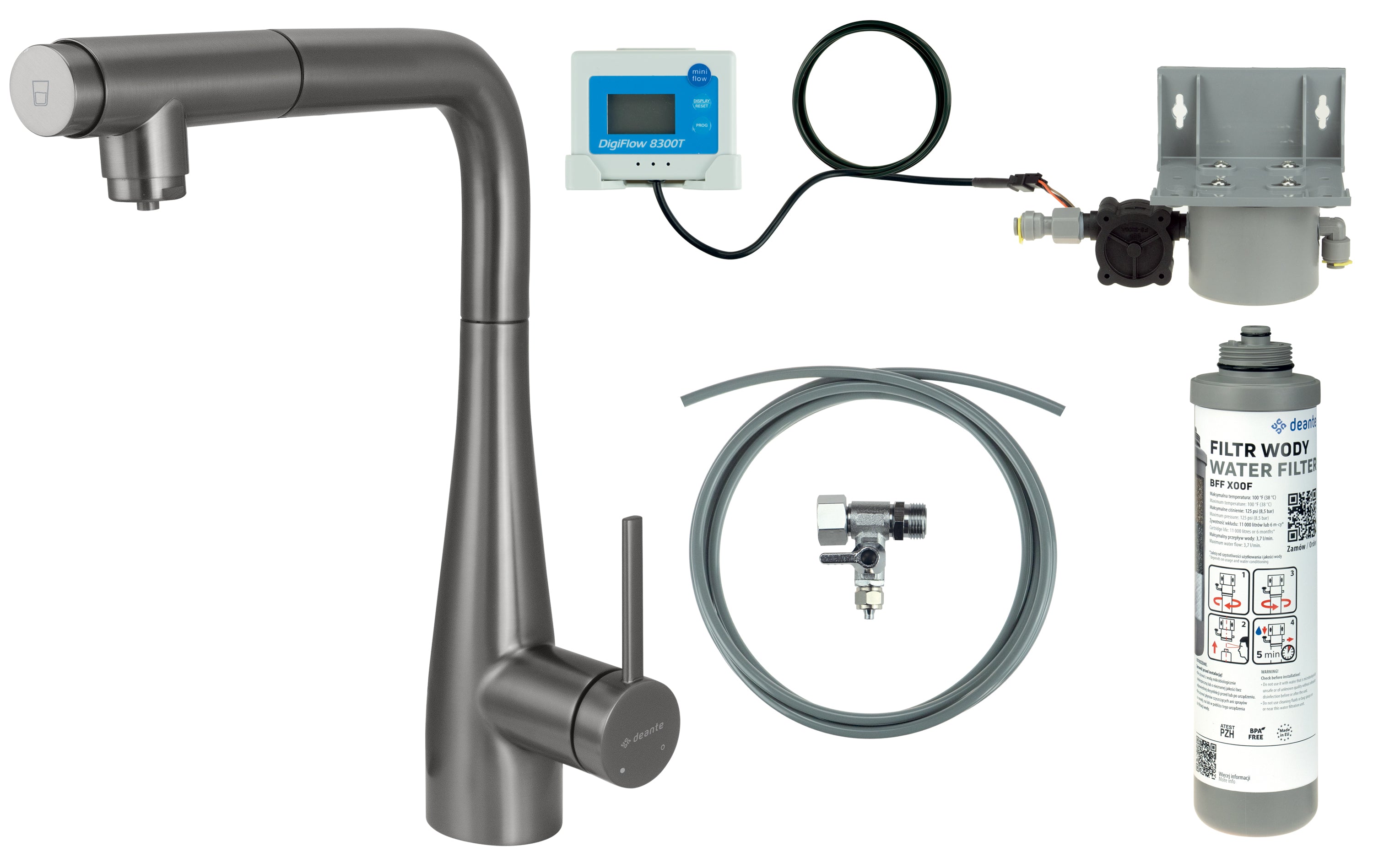Kitchen tap, with water filtration kit, with pull-out spout