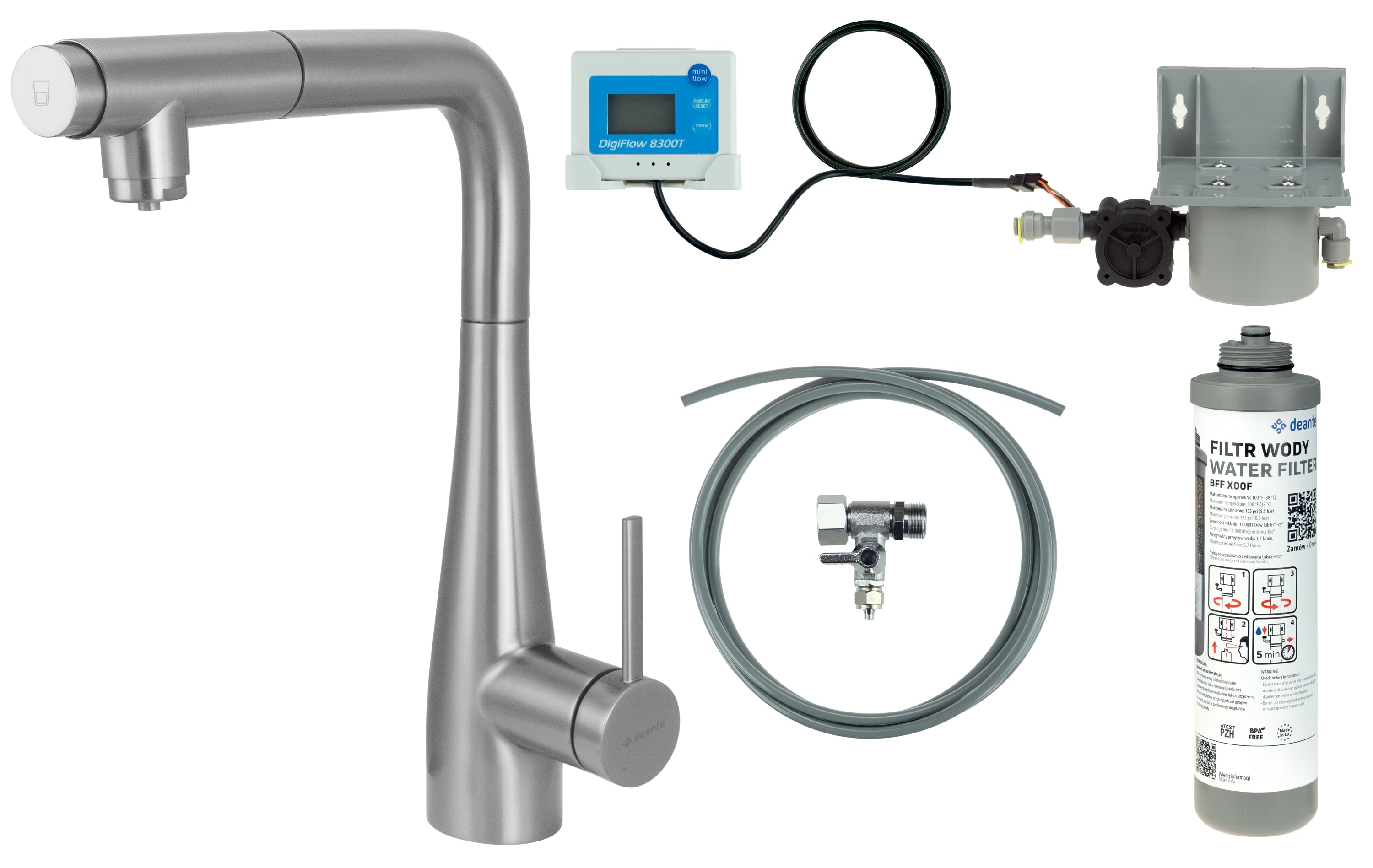 Kitchen tap, with water filtration kit, with pull-out spout