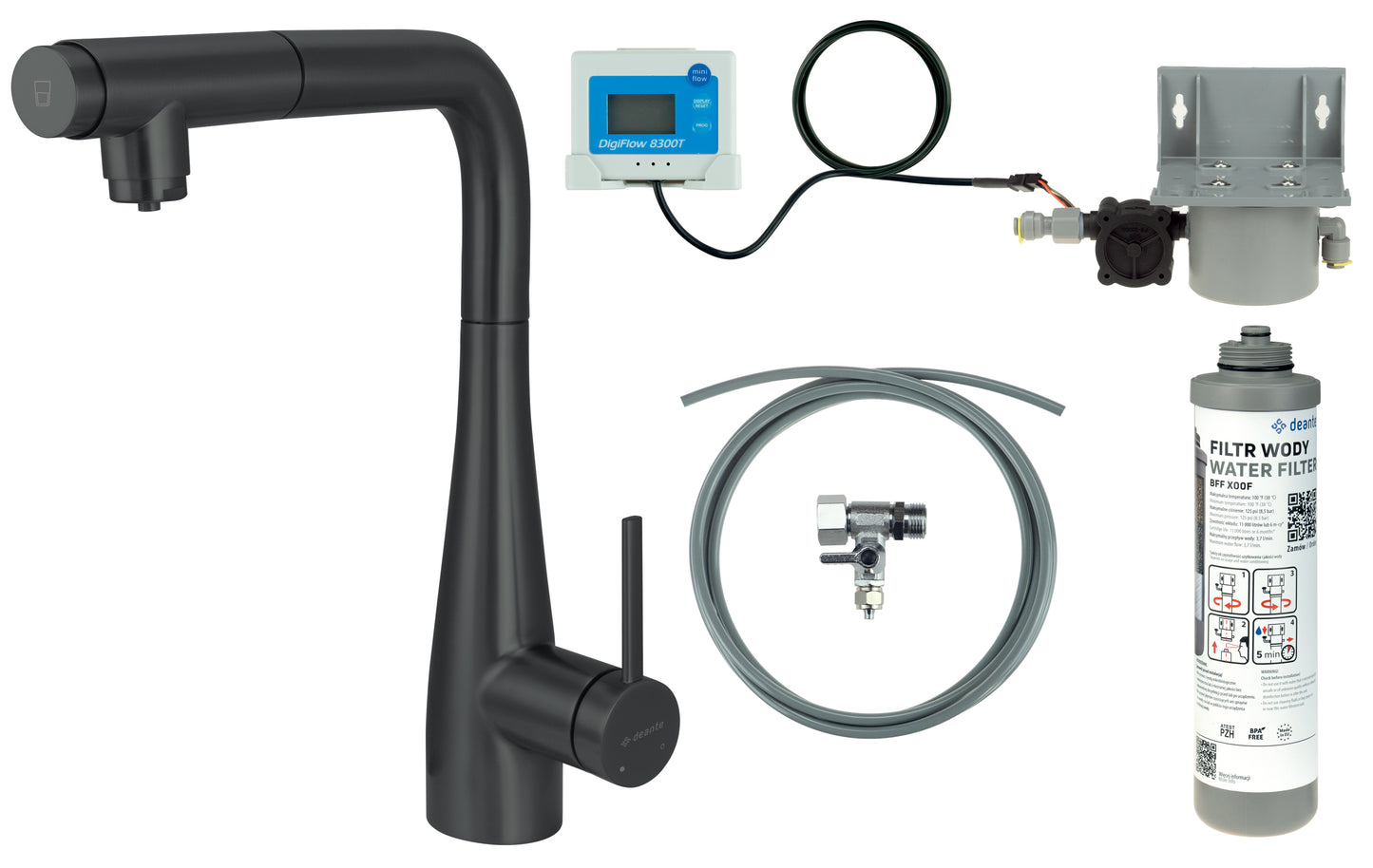 Kitchen tap, with water filtration kit, with pull-out spout