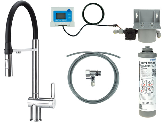 Kitchen tap, with water filtration kit, with elastic spout