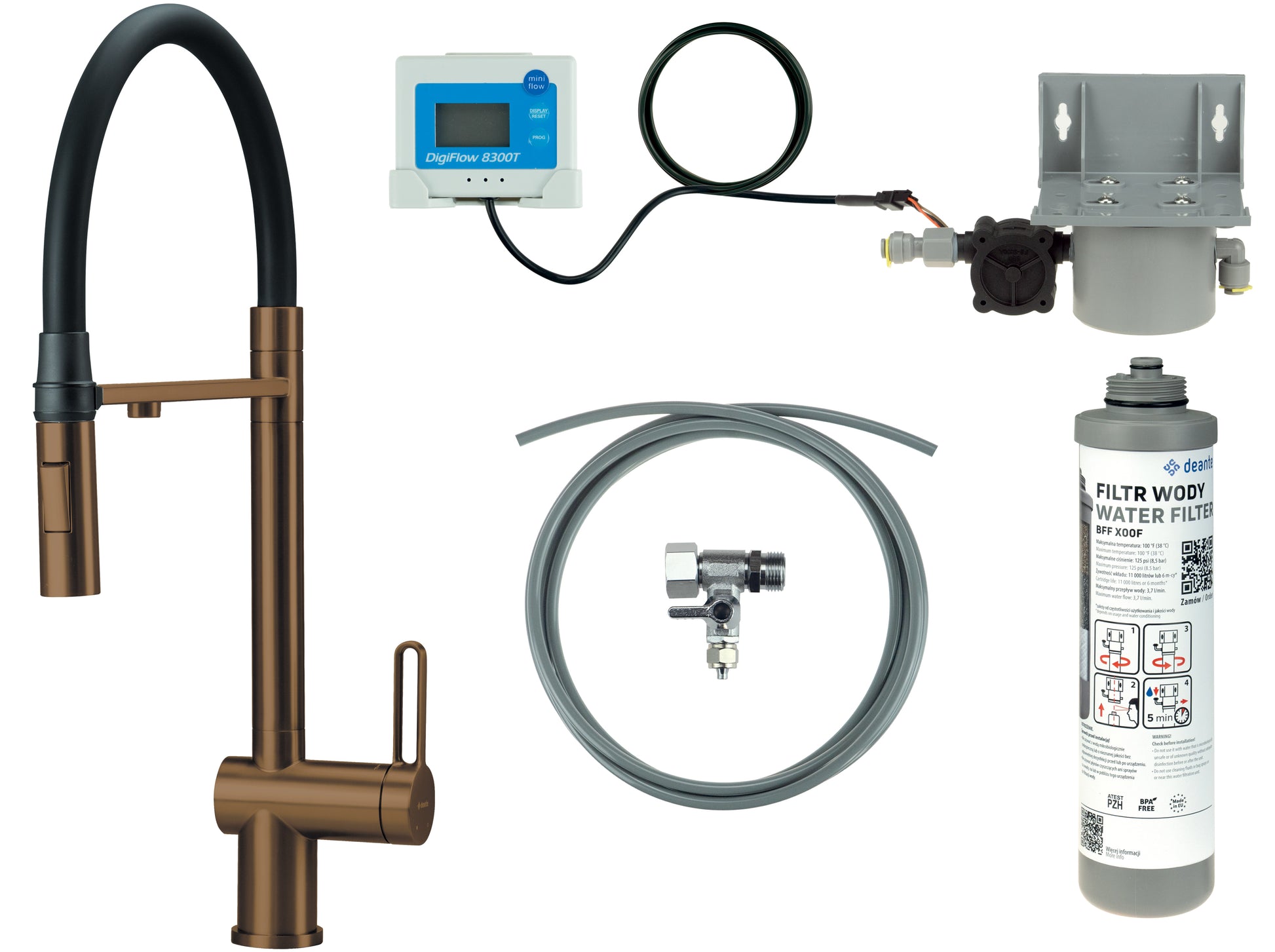 Kitchen tap, with water filtration kit, with elastic spout