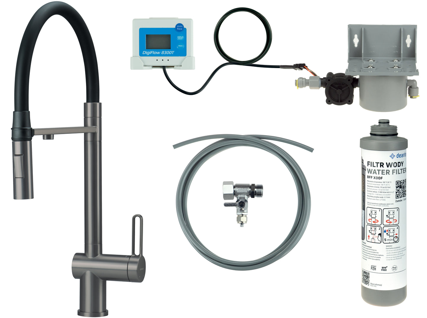 Kitchen tap, with water filtration kit, with elastic spout