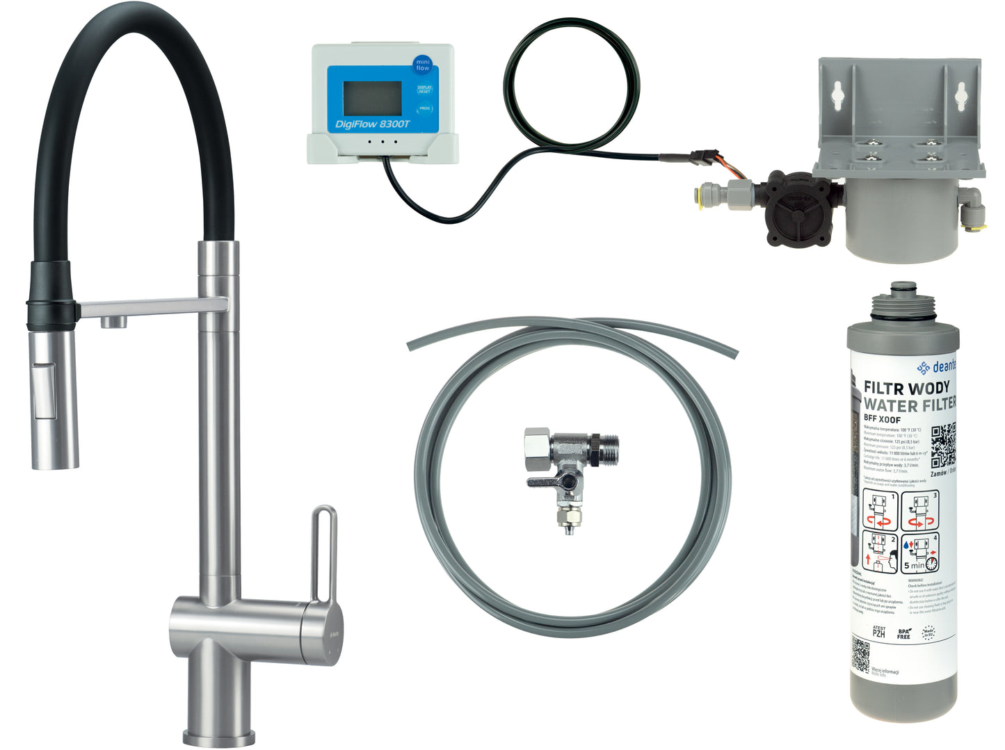 Kitchen tap, with water filtration kit, with elastic spout