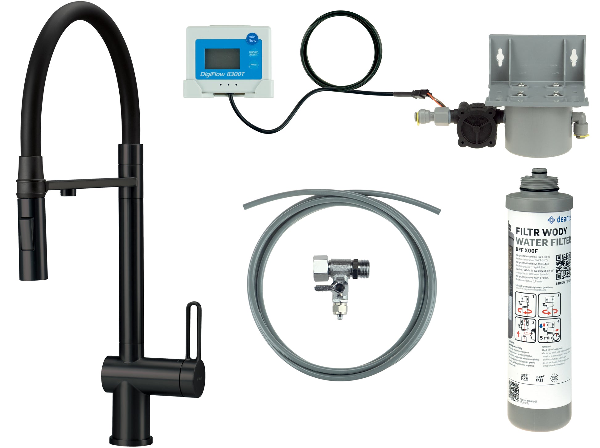 Kitchen tap, with water filtration kit, with elastic spout