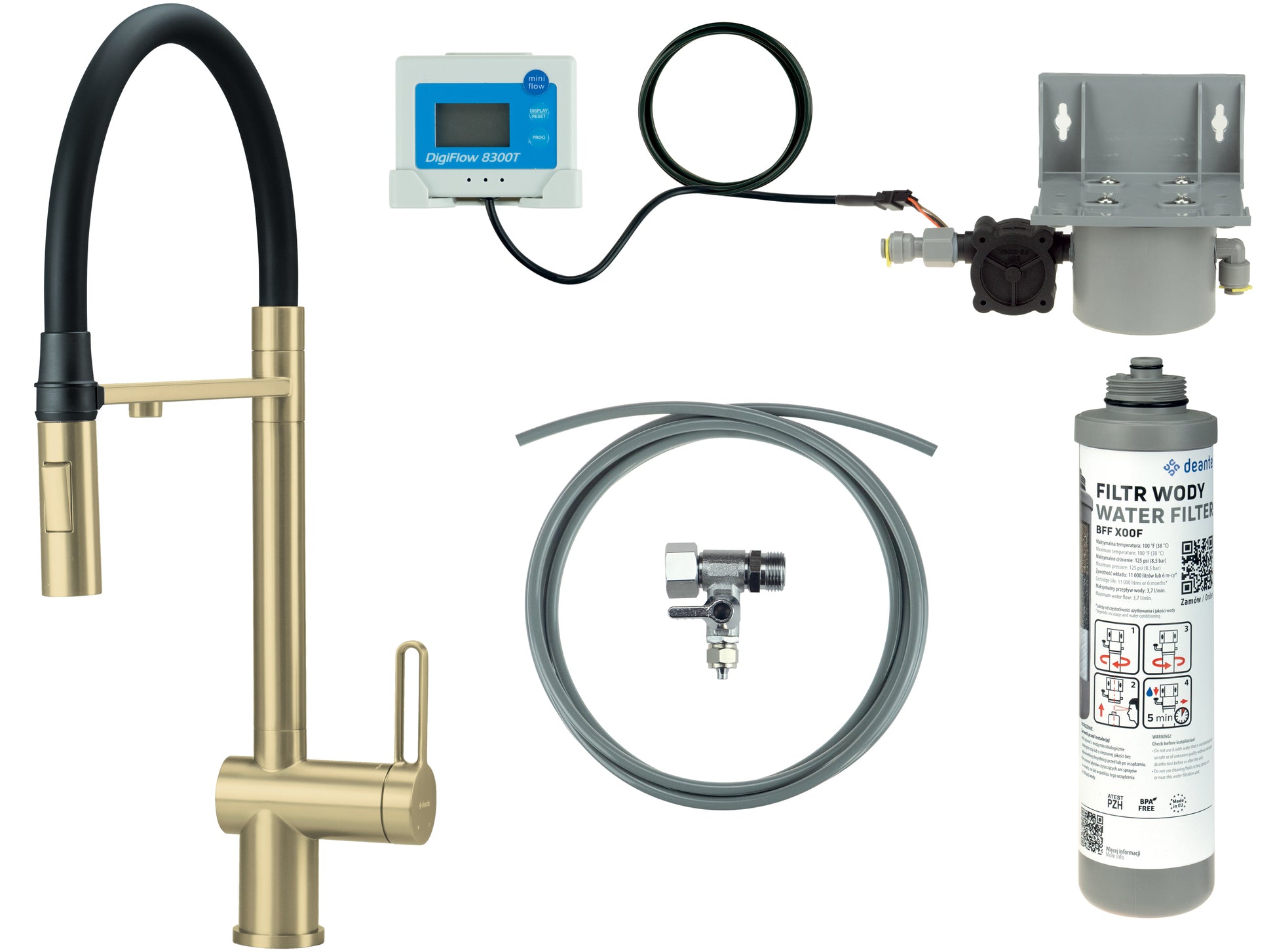 Kitchen tap, with water filtration kit, with elastic spout