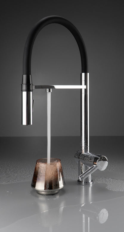 Kitchen tap, with water filter connection, with elastic spout