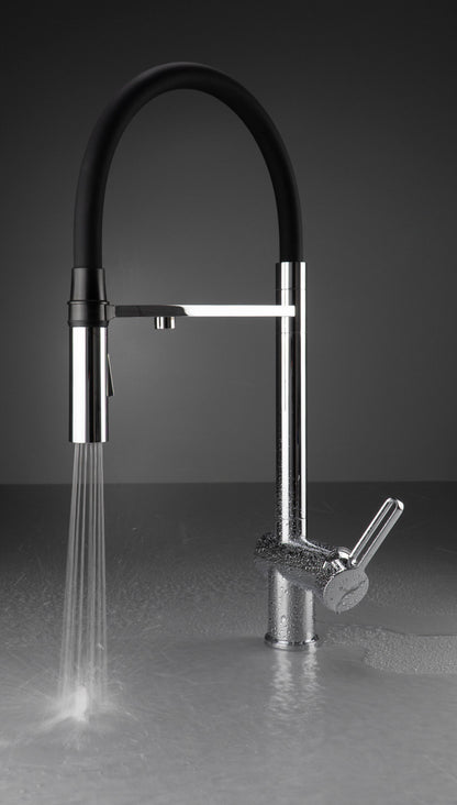 Kitchen tap, with water filter connection, with elastic spout