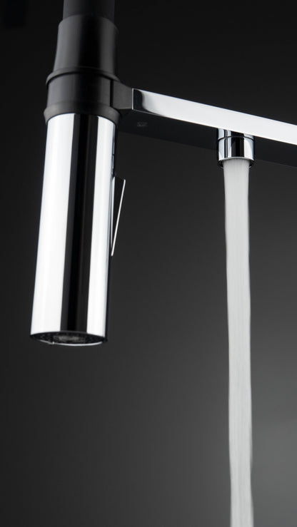Kitchen tap, with water filter connection, with elastic spout