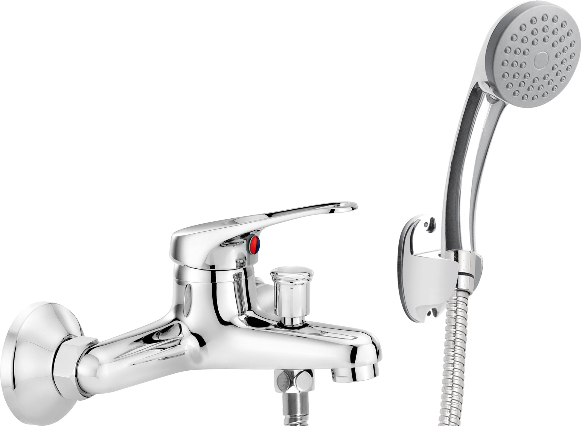 Bath mixer, wall-mounted, with shower set