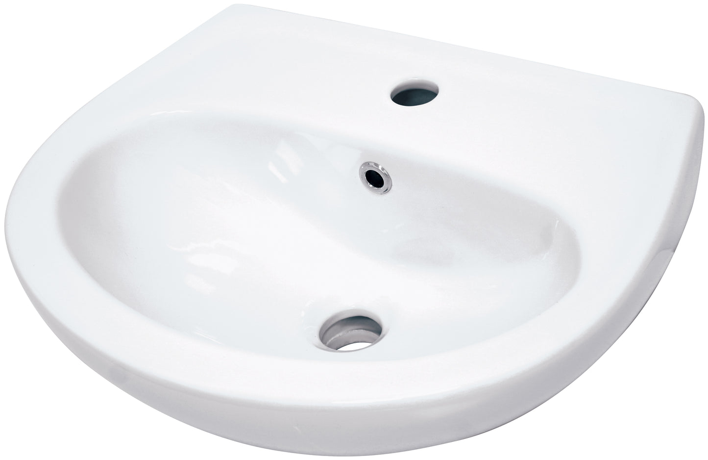 Ceramic washbasin, wall-mounted, with tap shelf