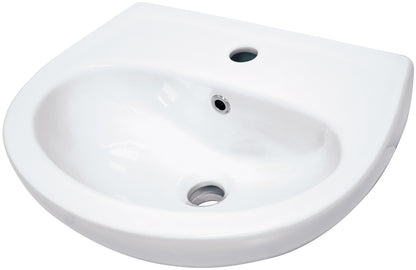 Ceramic washbasin, wall-mounted, with tap shelf