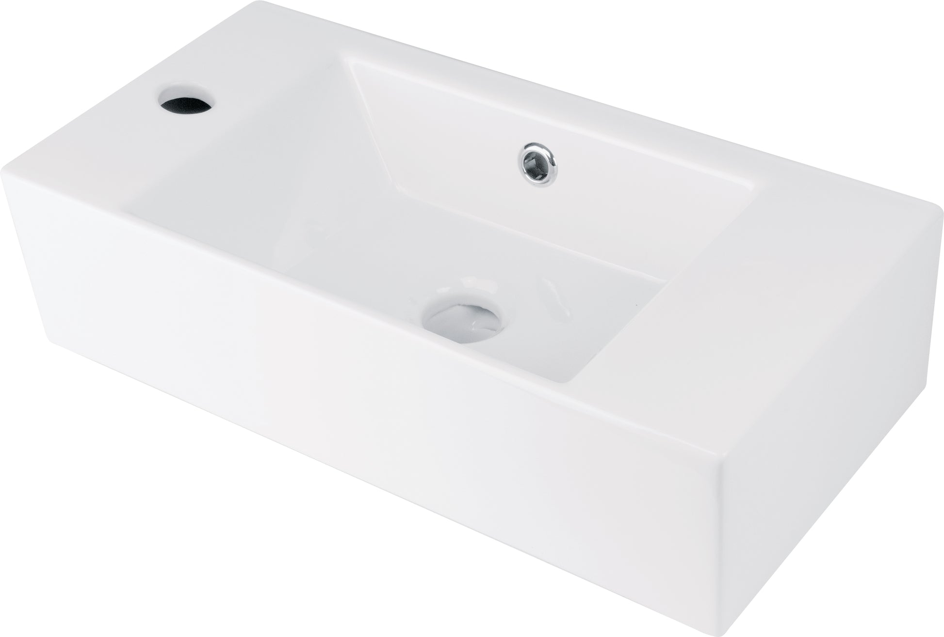 Ceramic washbasin, countertop/wall-mounted, with tap shelf - left
