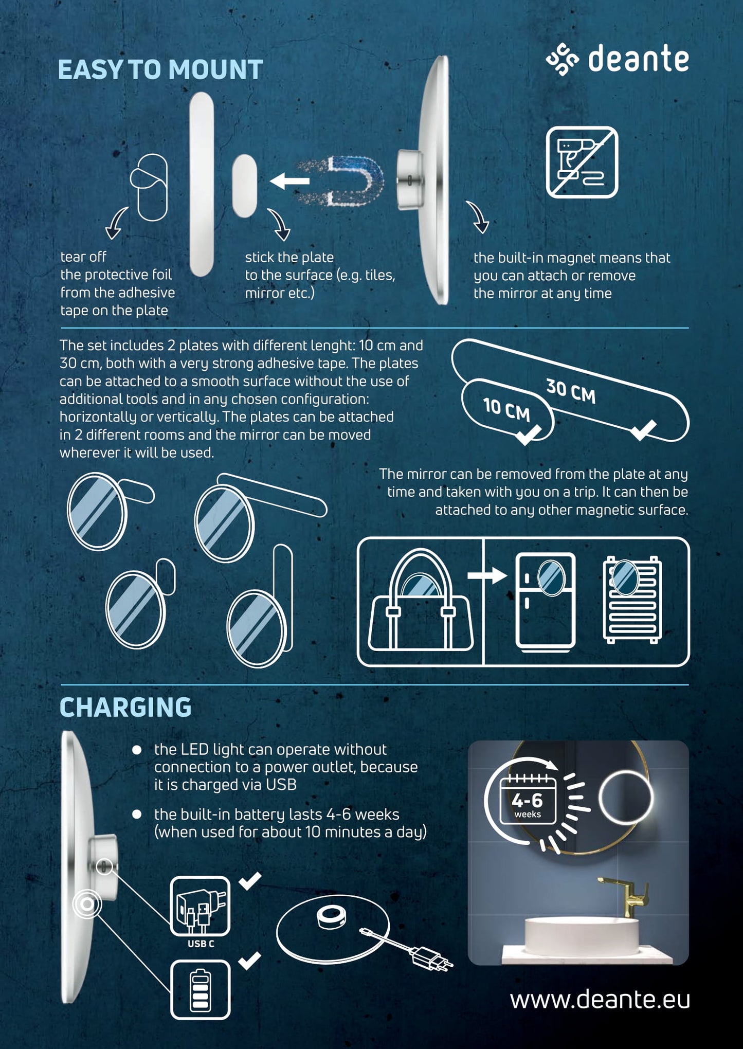 Cosmetic mirror, magnetic - LED light