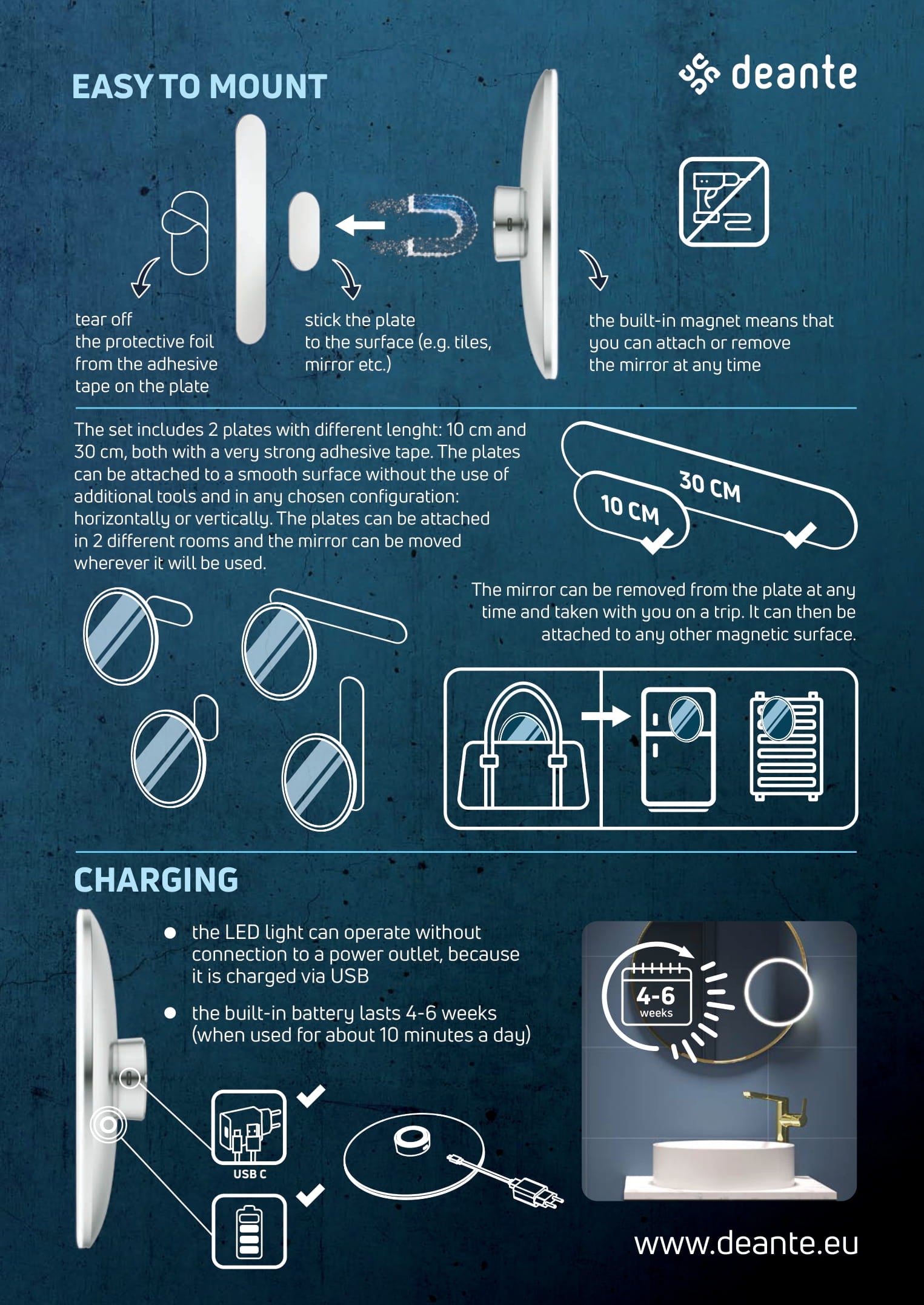 Cosmetic mirror, magnetic - LED light