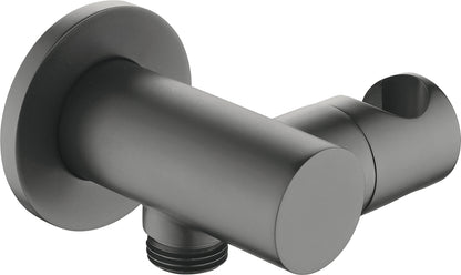 Angled hose connector, round, with hand shower holder