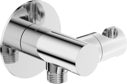 Angled hose connector, round, with hand shower holder
