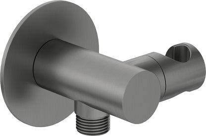 Angled hose connector, round, with hand shower holder