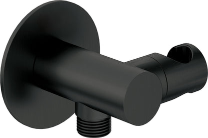 Angled hose connector, round, with hand shower holder