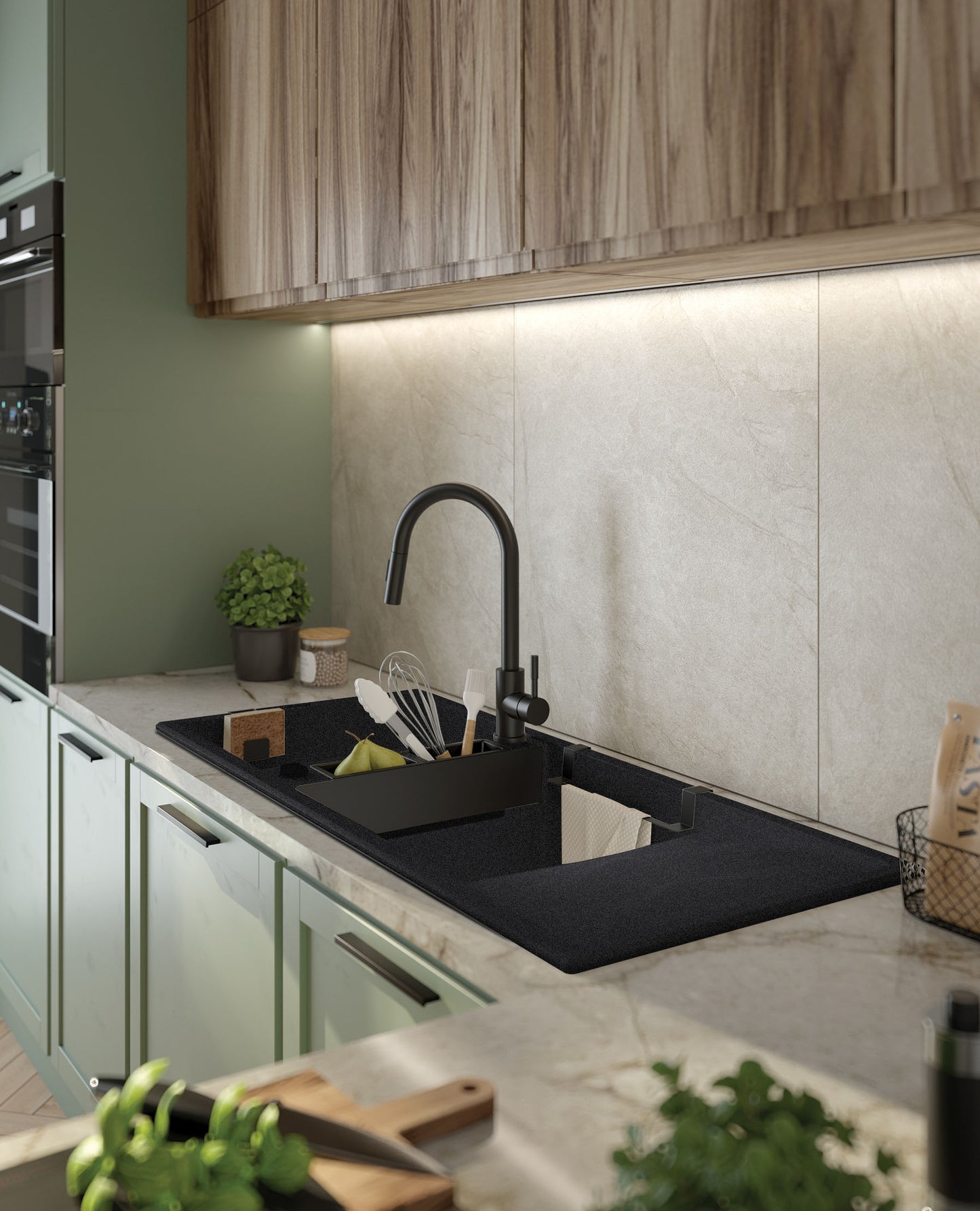 Magnetic granite sink, 2-bowl with drainer