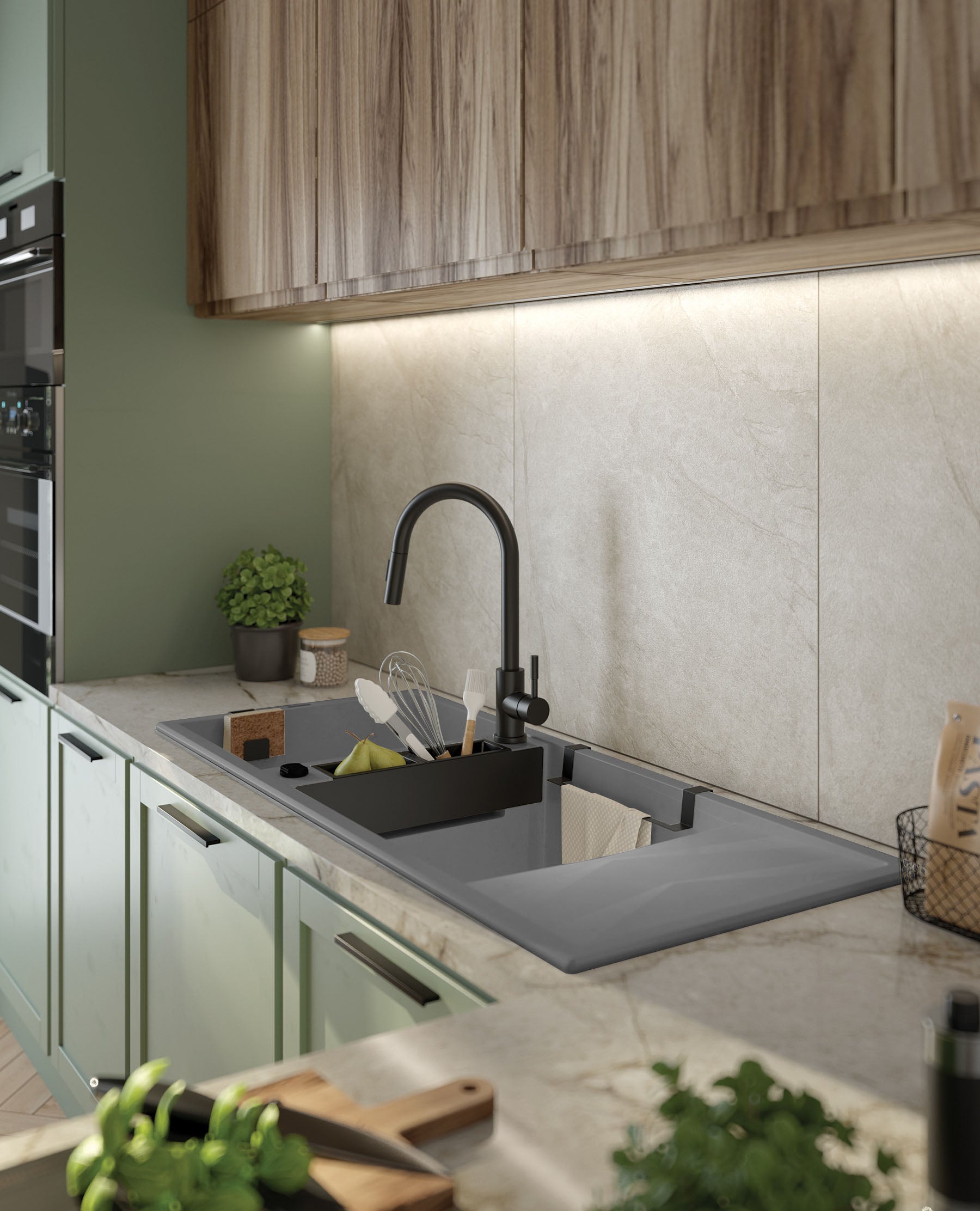 Magnetic granite sink, 2-bowl with drainer