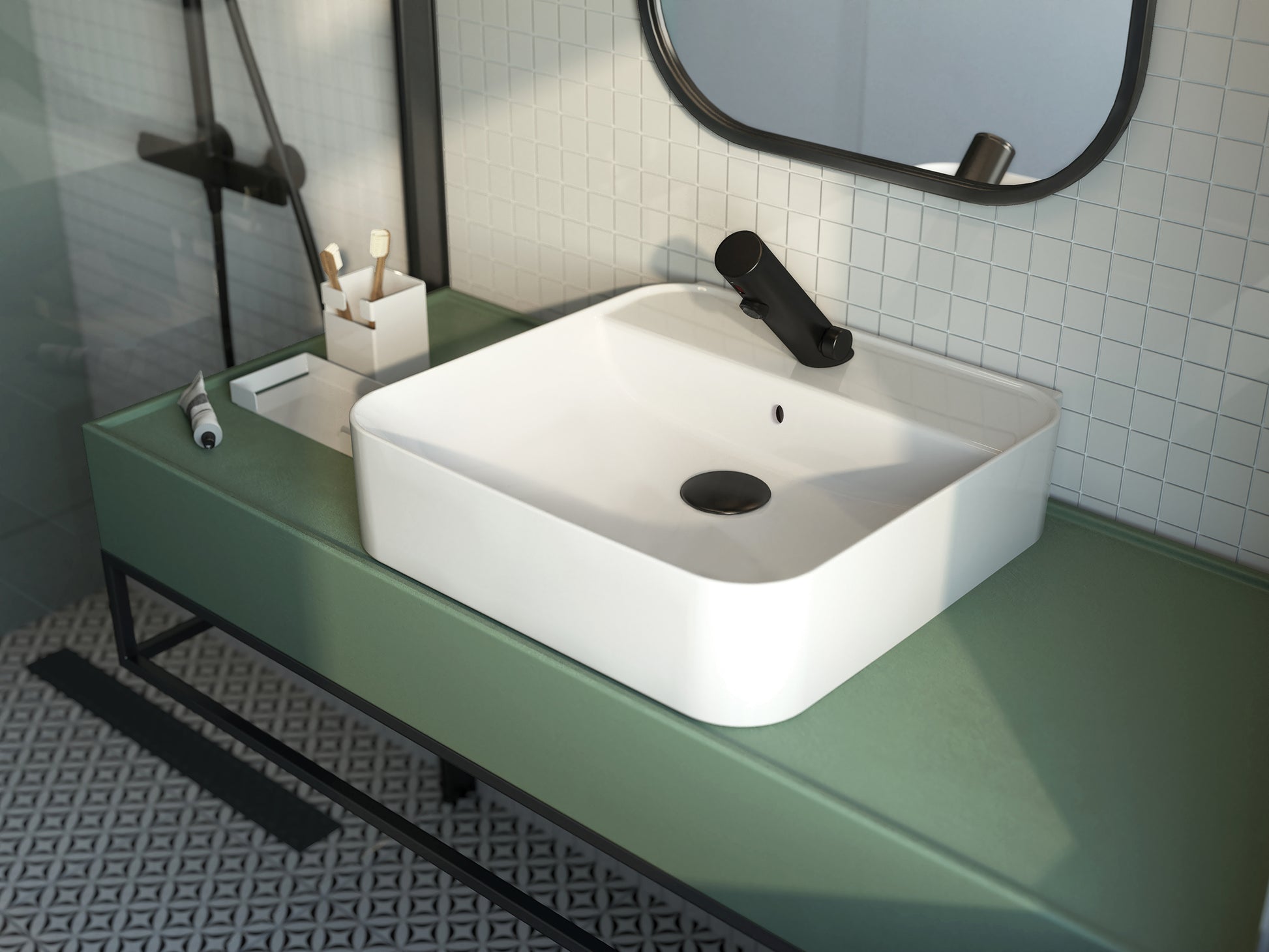 Ceramic washbasin, countertop/wall-mounted, with tap shelf