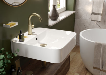 Ceramic washbasin, countertop/wall-mounted, with tap shelf