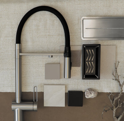 Kitchen tap, with water filter connection, with elastic spout