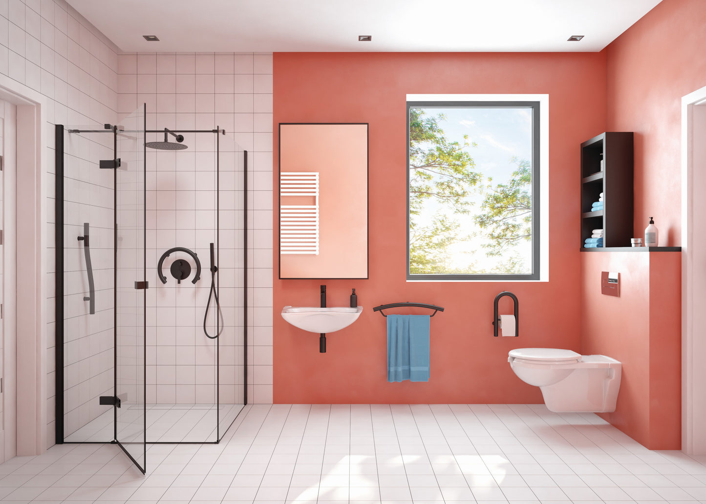 Ceramic washbasin, wall-mounted, with tap shelf - for people with reduced mobility