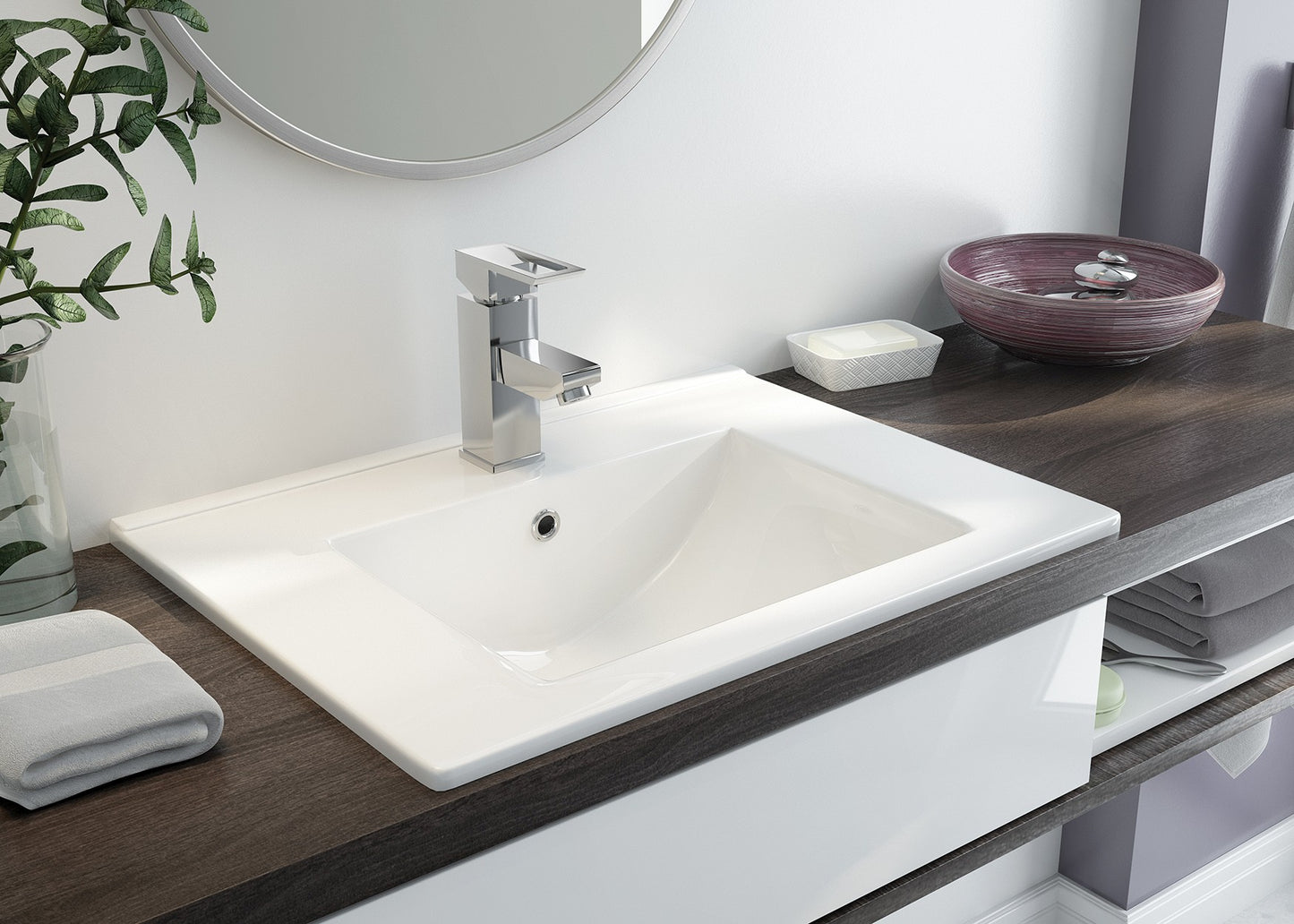 Ceramic washbasin, recessed, with tap shelf - 60 cm