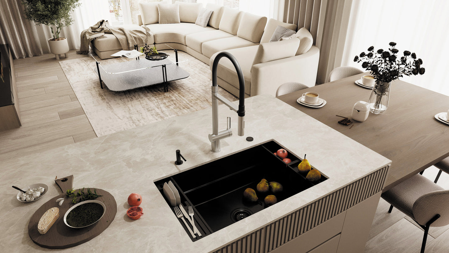Kitchen tap, with water filter connection, with elastic spout