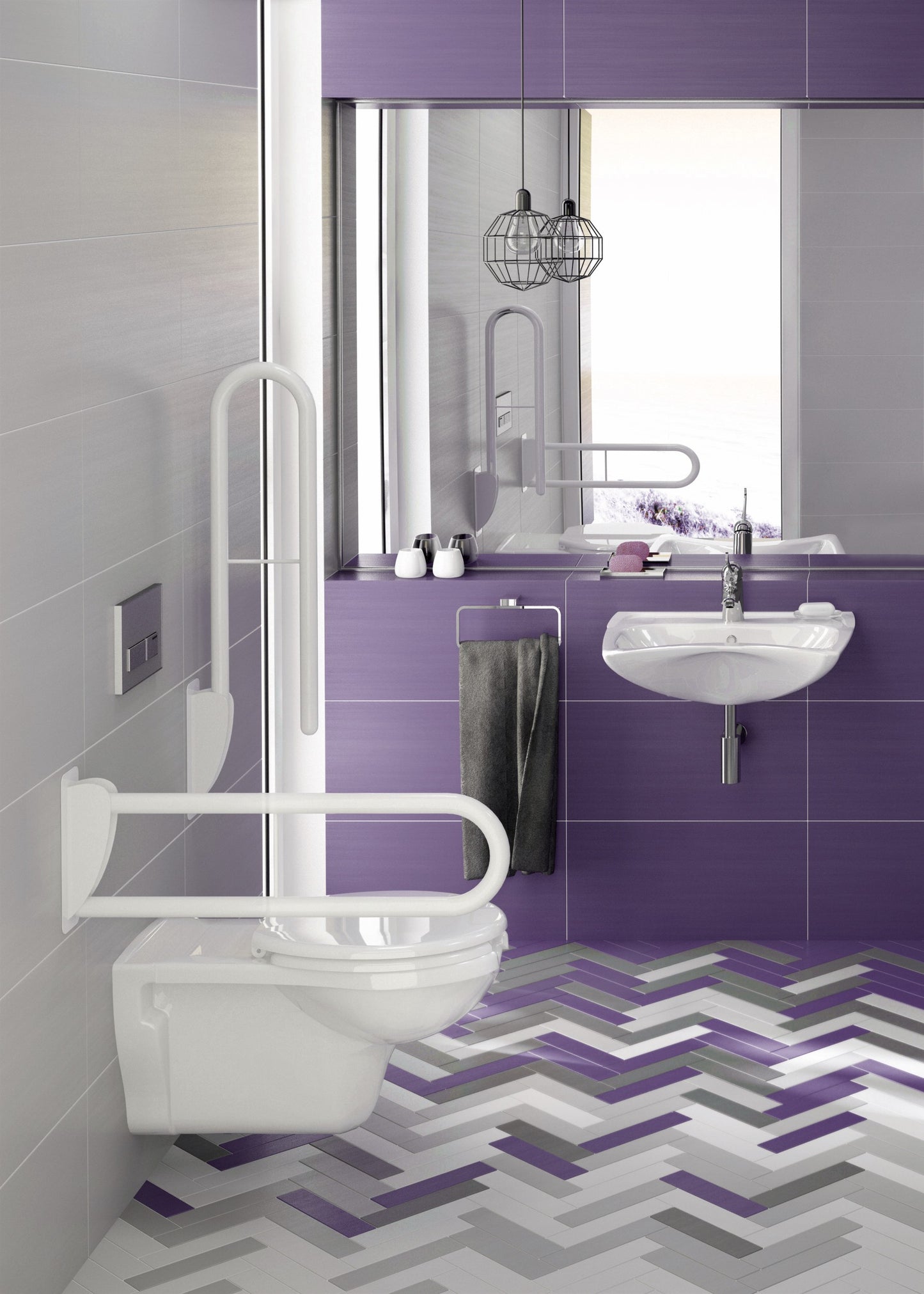 Ceramic washbasin, wall-mounted, with tap shelf - for people with reduced mobility