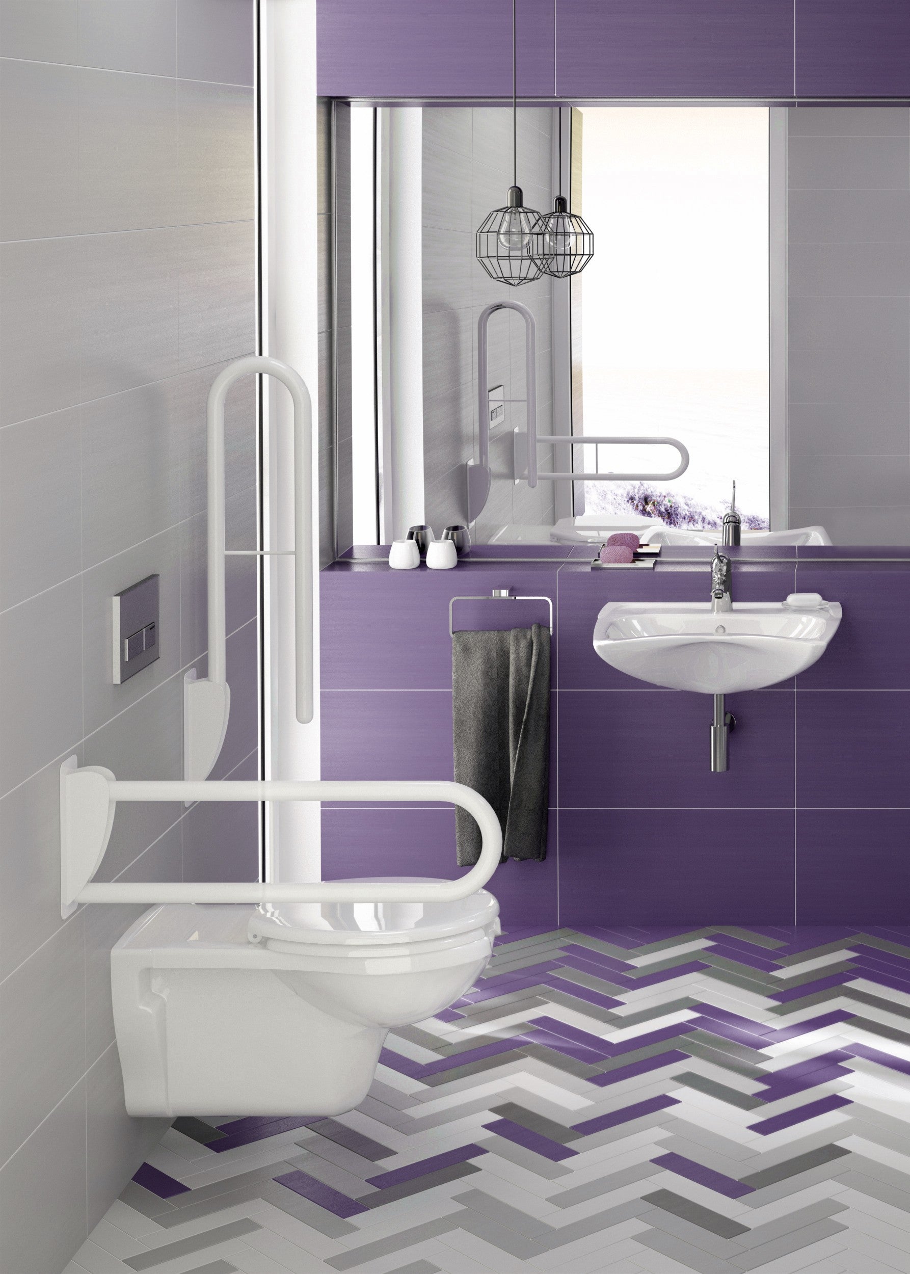 Ceramic washbasin, wall-mounted, with tap shelf - for people with reduced mobility