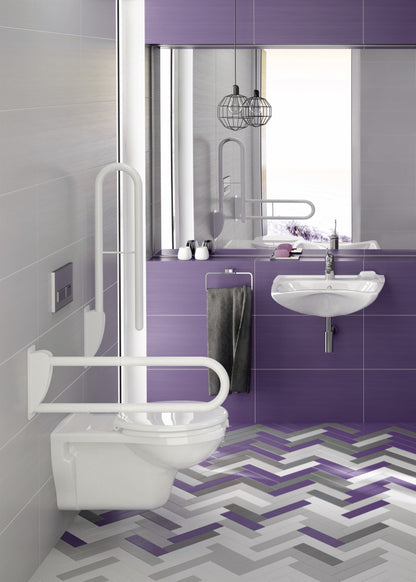 Ceramic washbasin, wall-mounted, with tap shelf - for people with reduced mobility