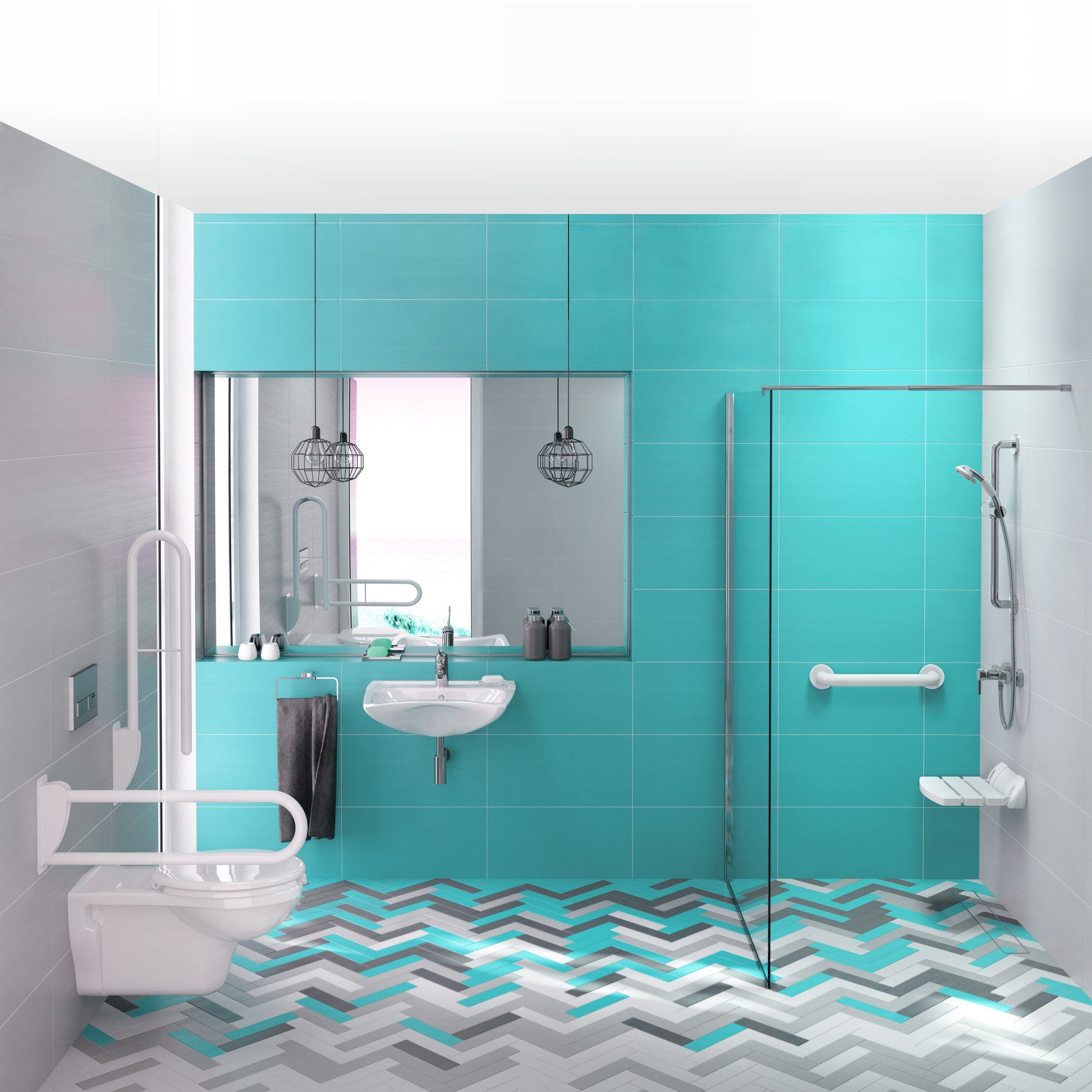 Ceramic washbasin, wall-mounted, with tap shelf - for people with reduced mobility