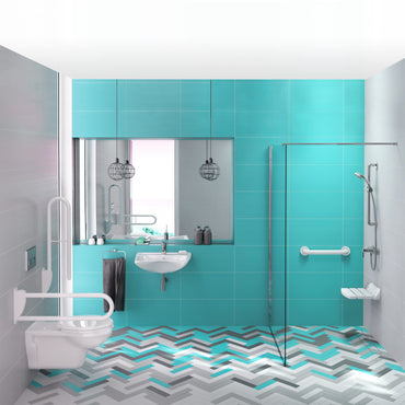 Ceramic washbasin, wall-mounted, with tap shelf - for people with reduced mobility